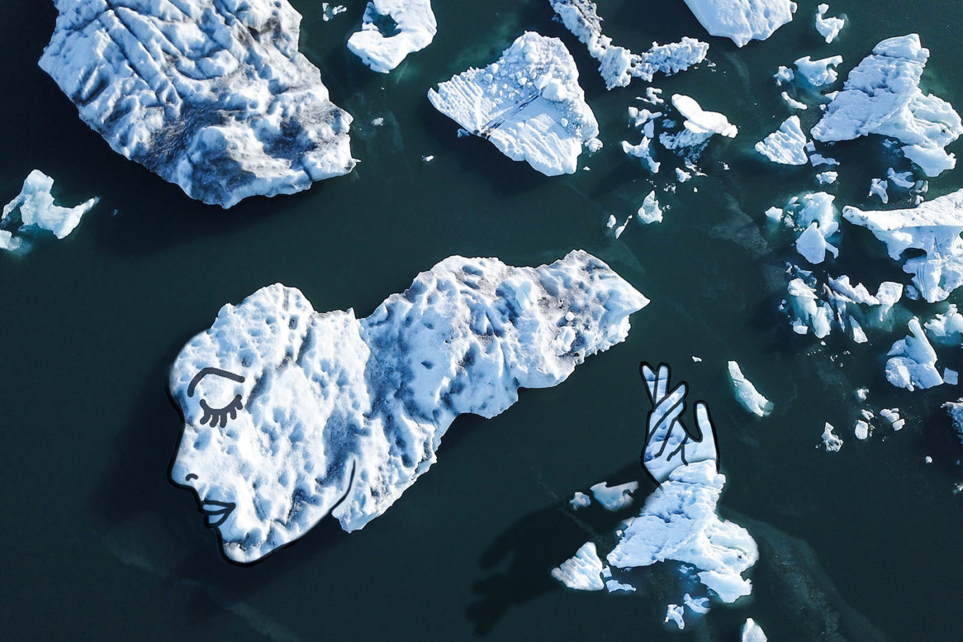 Human / Nature, digital drawing on artists own aerial photo. Jökulsárlón Glacier, Iceland