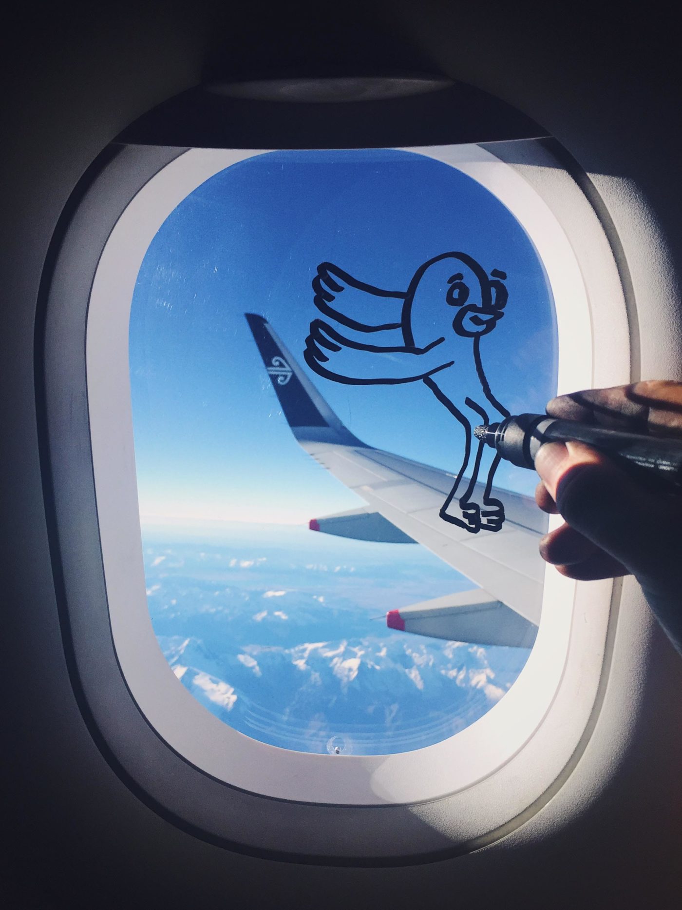 Chalk drawing on aeroplane window, in partnership with Air New Zealand