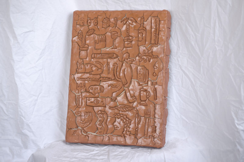 Engraved hieroglyphics. Carved clay slab & resin on boxed linen