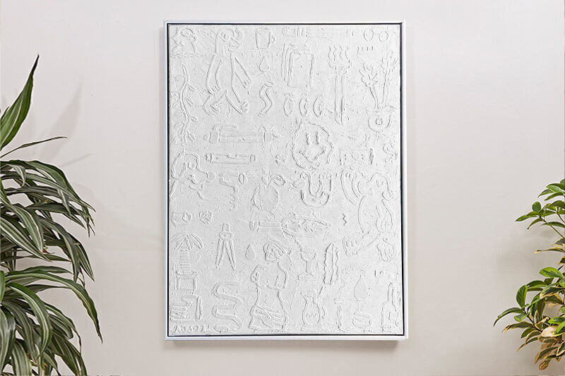 'Bas-relief hieroglyphics'. Enamel & raised plaster on 760x1015mm canvas, tray framed