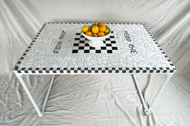 Mosaic game table. Tile, steel & timber
